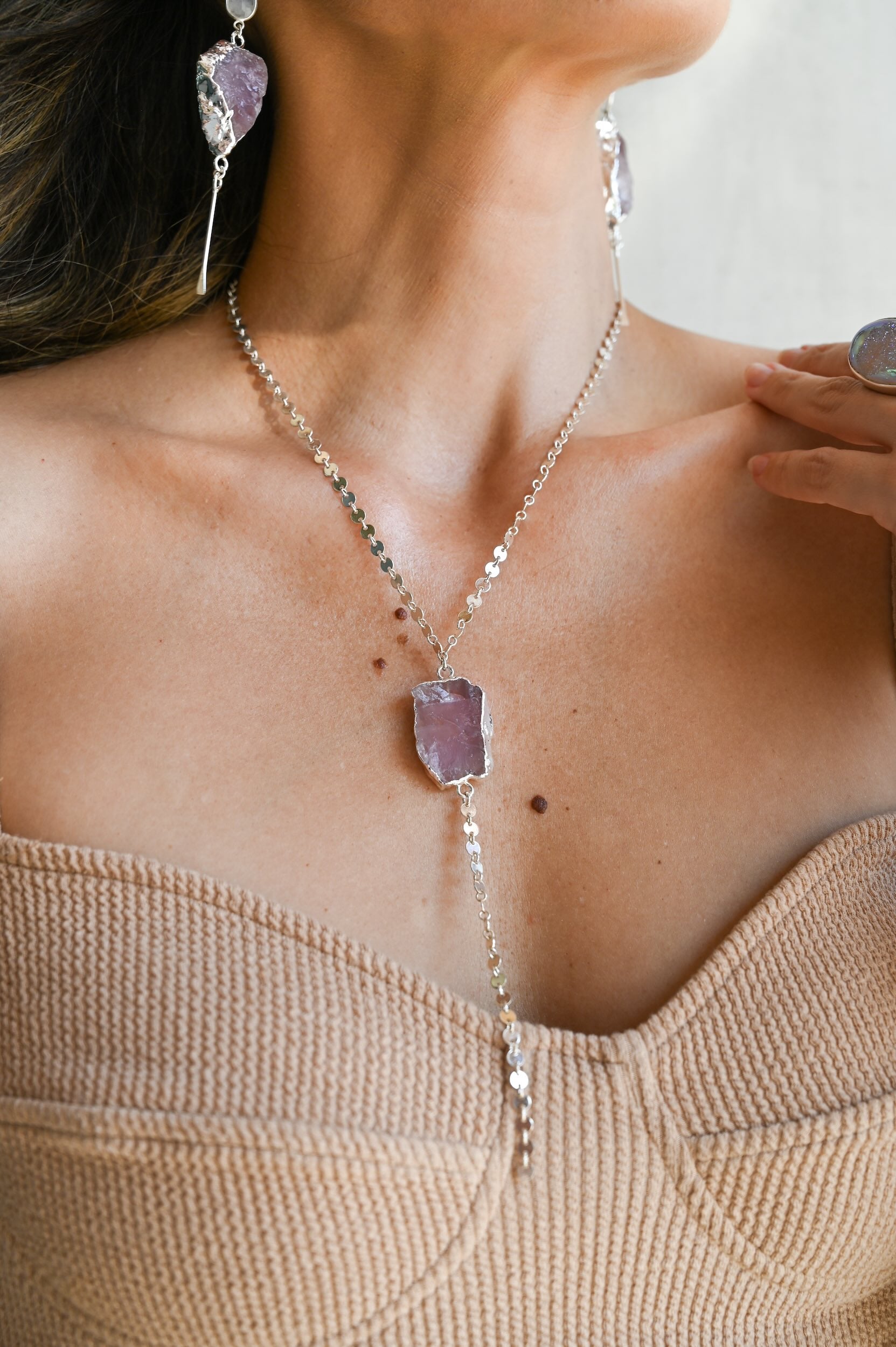 Open Heart Rose Quartz Silver Lariat